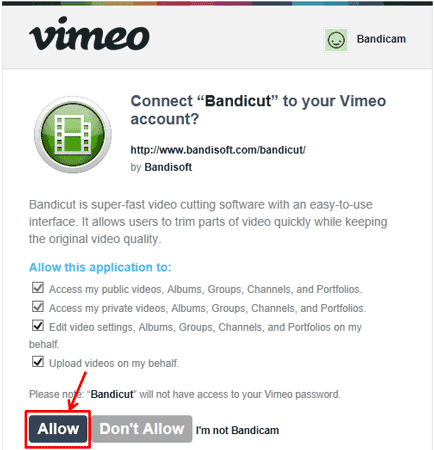 允许Bandicam连到Vimeo