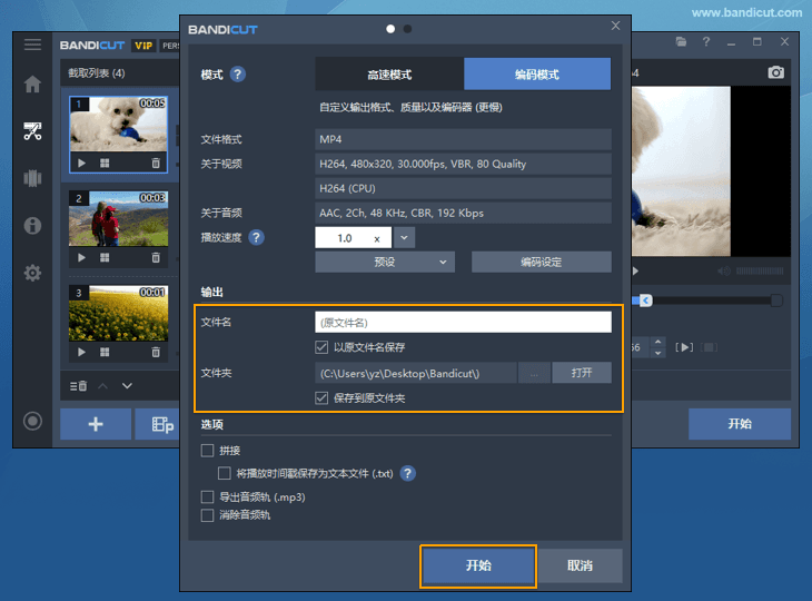 确认文件名、保存位置等设置后开始转换