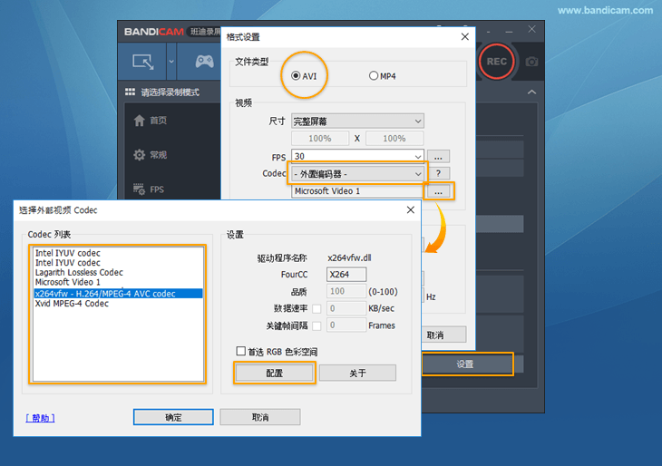 bandicam、vfw、external codec for recording