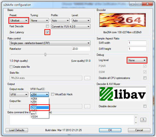 best x264 codec setting for video recording