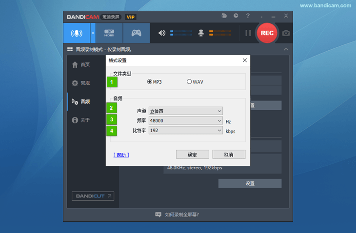 音频格式设置界面 - Bandicam(班迪录屏) 音频格式设置界面 - Bandicam(班迪录屏)