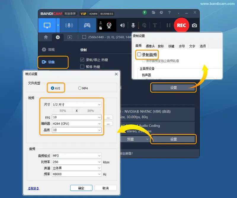 长时间录制设置：AVI 格式、1/2 尺寸、10 FPS、H264（CPU）、品质 10，并取消录制音频