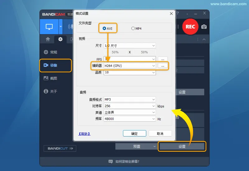 在 Bandicam 格式设置中选择 AVI 和 H264（CPU）编解码器