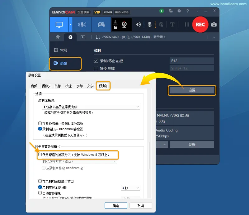 关闭增强捕获方法 在 Bandicam 录制设置的选项中取消勾选使用增强的捕获方法