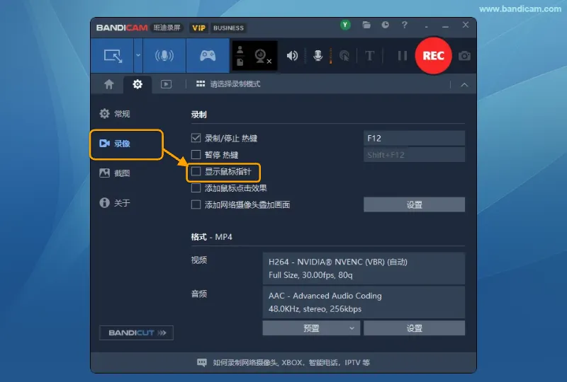 解决录制视频中出现两个鼠标指针的问题 在 Bandicam 录像选项卡中取消勾选显示鼠标指针