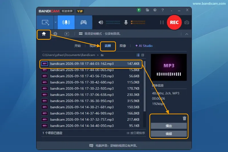 在 Bandicam 首页的音频选项卡中选择录音文件，并播放、编辑或删除音频