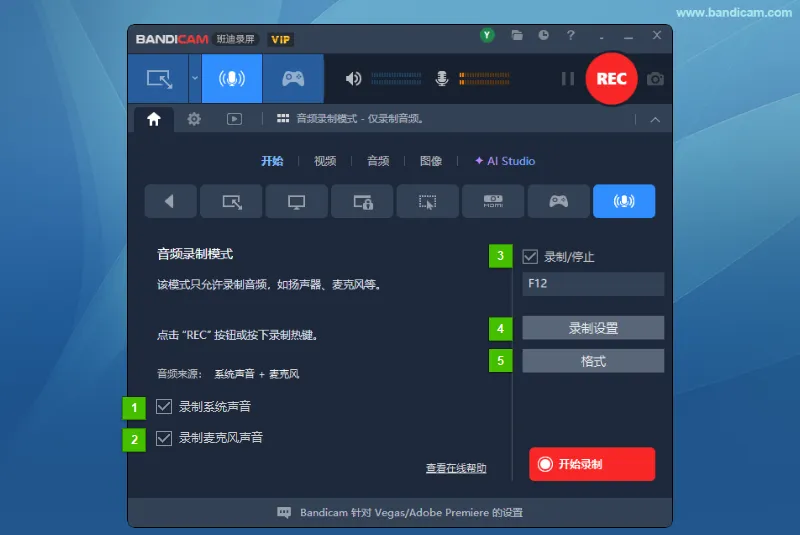 仅音频模式中的系统声音、麦克风声音、录制快捷键、录制设置和格式选项