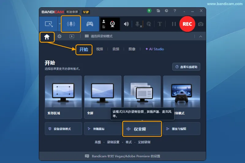 在 Bandicam 中选择仅音频录制模式