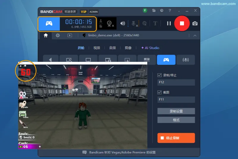开始录制游戏 - Bandicam(班迪录屏) 按 F12 开始录制,FPS 变为红色