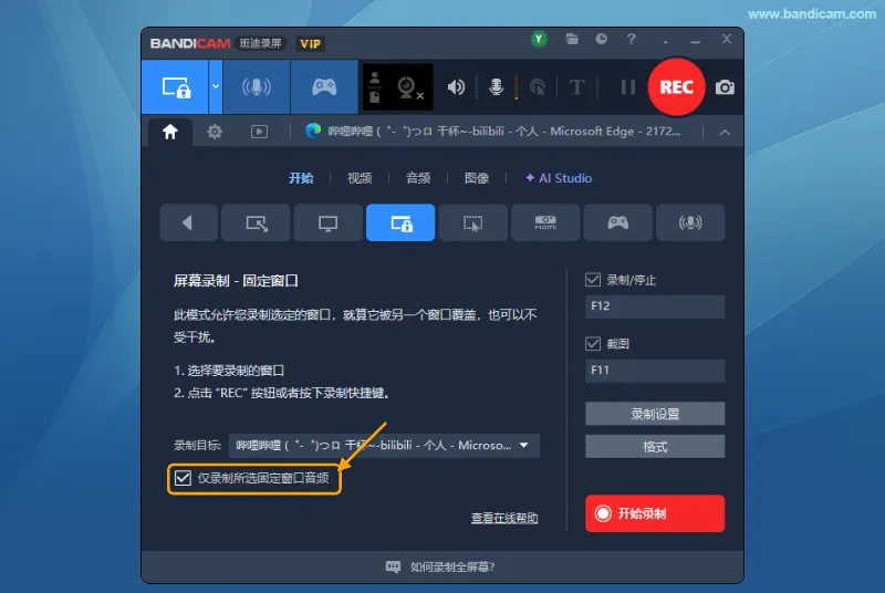 选择录制窗口后,在固定窗口设置中勾选仅录制所选固定窗口音频选项