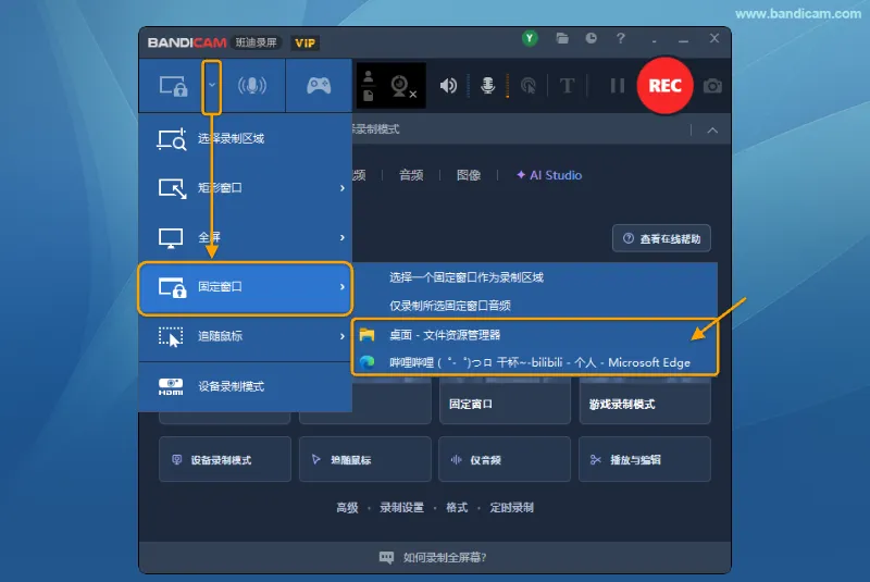 通过模式选择下拉菜单,从列表中选择要录制的应用程序窗口