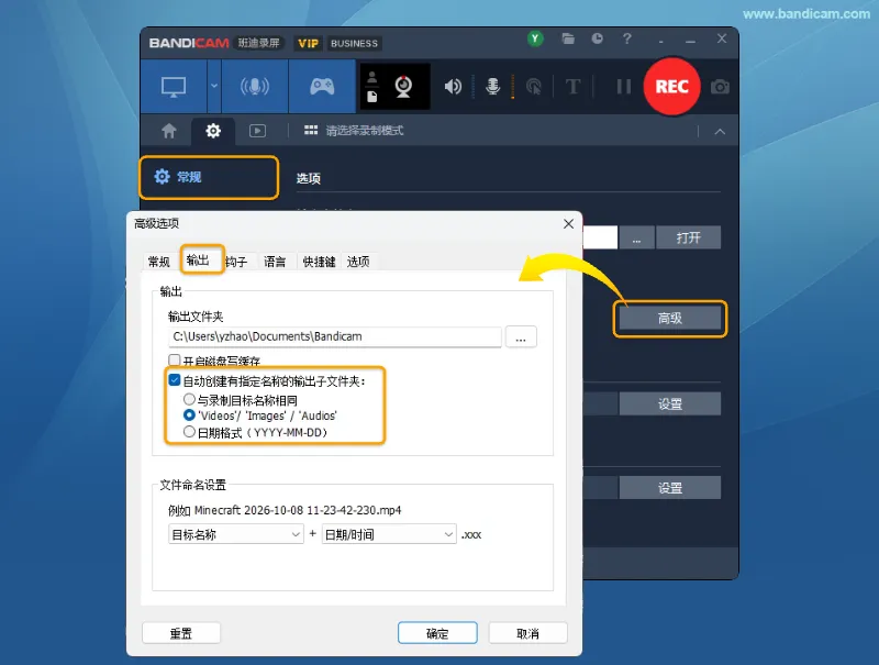 在高级选项的输出选项卡中设置自动创建输出子文件夹