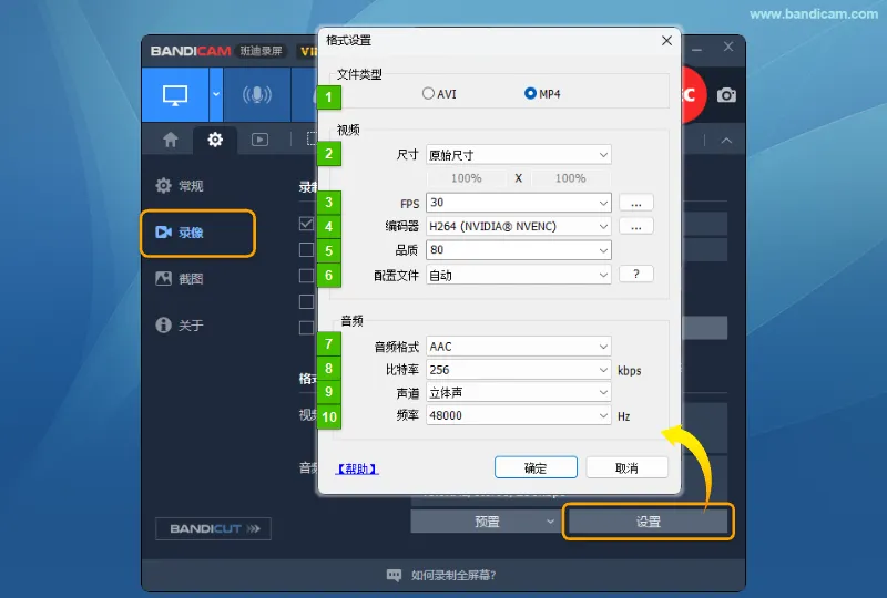 Bandicam 格式设置界面，标注文件类型、视频尺寸、帧率、编码器、品质、配置文件及音频参数 10 项设置