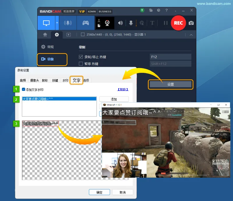 Bandicam 文字水印设置 Bandicam 文字设置,包含文字水印开关、文字列表和预览区域