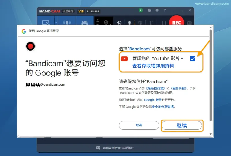 勾选管理 YouTube 视频的权限并点击继续