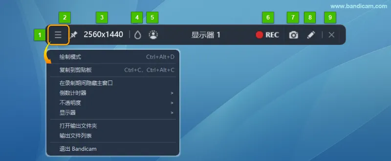 Bandicam 全屏录制操作面板及菜单，标注 9 个功能区域