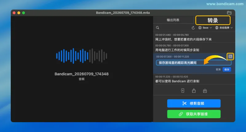 检查并编辑音频转录文本